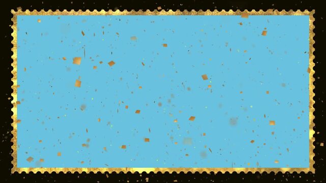 Stamp border outlines a solid blue rectangle that sits on a dark surface with subtle golden texture.