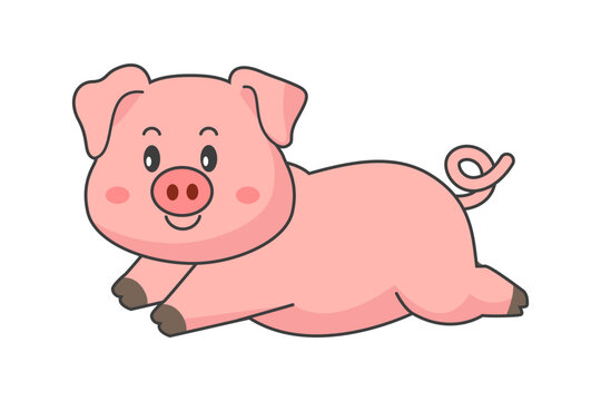 Cute pig, cartoon piglet, vector pig on white background.