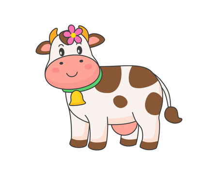 Cute cow, cartoon heifer, vector cow on white background.