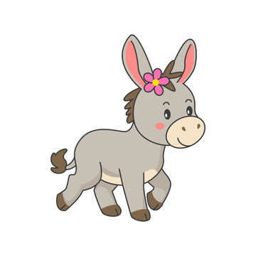 Cute burro, cartoon mule, vector donkey on white background.
