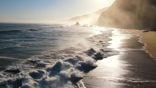 Powerful Ocean Wave Crashing on a Sandy Beach Shoreline with Sunlit Mist and Coastal Hills in the Background During Daytime