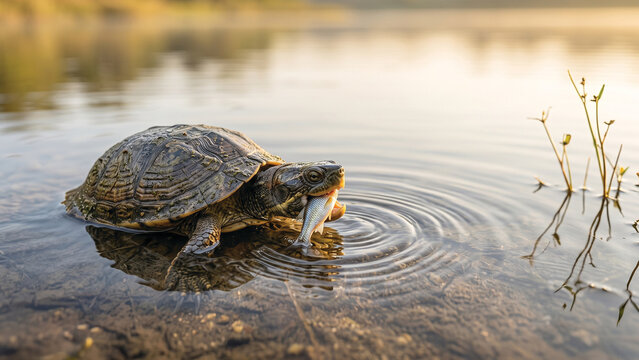 Pond Turtle Eating Fish Commercial Wildlife Banner with Copy Space