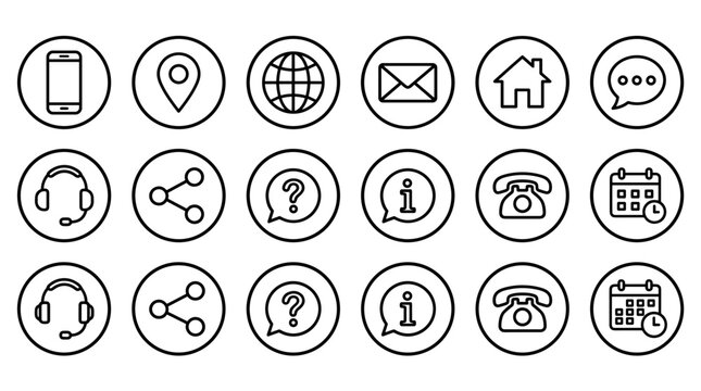 Collection of black and white outline icons representing various communication and contact methods, presented in a grid format.