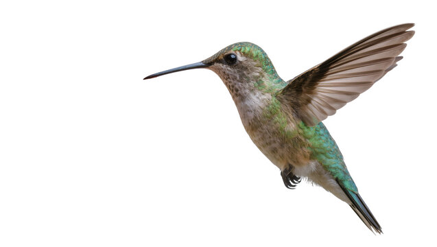Hummingbird with iridescent green and blue feathers in flight