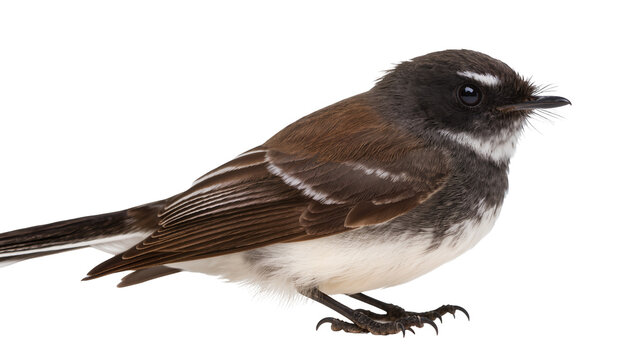 Brown and white fantail bird with dark head and white eye stripe
