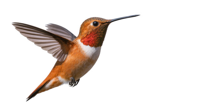 Rufous hummingbird in flight with orange white, and red plumage