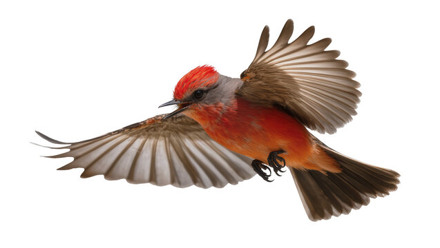 Vermilion Flycatcher bird in flight with wings spread