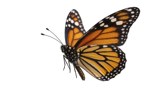 Monarch butterfly with orange black, and white wings
