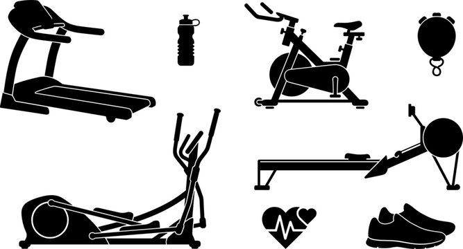 Gym Cardio Fitness Equipment Silhouette Icon Set Featuring Treadmills Stationary Bikes Elliptical Trainers Rowing Machines Running Shoes and Heart Rate Symbols Vector