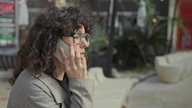 Woman holding smartphone to ear with fingers on cheek, wearing patterned blazer and large glasses, seated on outdoor bench on street; thoughtful communication.