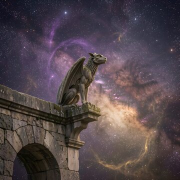 A solitary gargoyle, perched atop a weathered stone archway, contemplates the vast