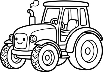Obraz premium Cute Smiling Tractor Coloring Page for Kids Black and White Vector Outline
