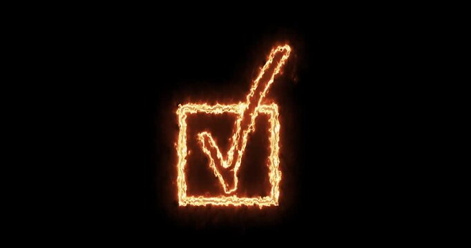 An animated motion graphics video shows a fiery orange checkmark icon inside a square box. The glowing energy effects create a powerful symbol for successful validation or approval.