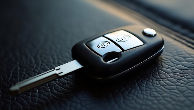 Modern car key fob resting on a premium black textured leather surface