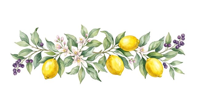 Watercolor lemon branch with flowers and berries isolated on white background