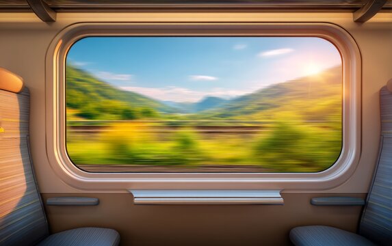 High-Speed Train Interior with Floor-to-Ceiling Window View of Nature