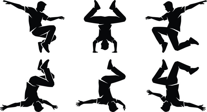 Black silhouette of man in various breakdancing poses