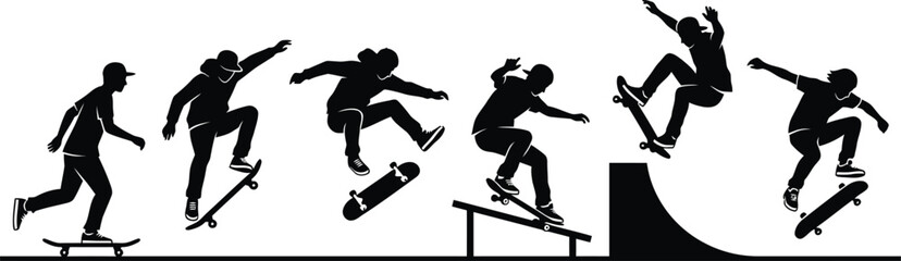 Black silhouettes of skateboarders performing tricks © Md. Musaddik Rahman