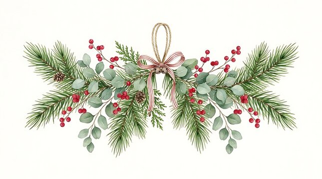 Watercolor christmas swag with pine branches, eucalyptus, red berries, and a striped ribbon bow