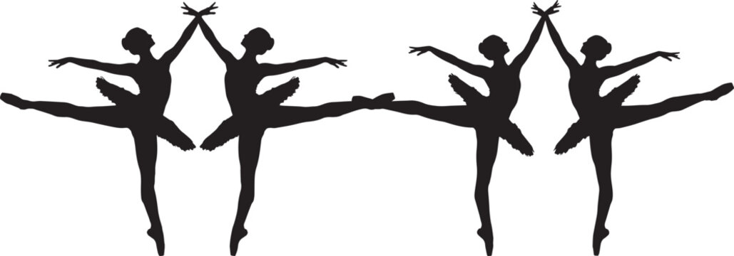 Silhouette ballet dancers performing graceful arabesque poses, group of female dancers practicing classical dance balance flexibility performance isolated vector illustration design