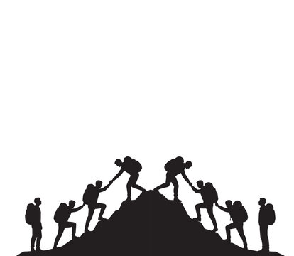 Silhouette group of hikers helping each other climb mountain peak teamwork, adventure, support, success, leadership and motivation concept vector illustration design