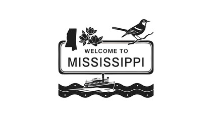 Very beautiful black and white realistic vector of a classic roadside welcome sign featuring a bold label reading "WELCOME TO MISSISSIPPI", decorated with the Mississippi River, magnolia blossoms, riv © ehsanollah