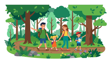 Family Hiking Adventure in a Lush Green Forest