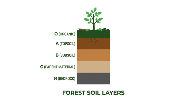 Forest Soil Layers Diagram: Organic, Topsoil, Subsoil, Parent Material, Bedrock