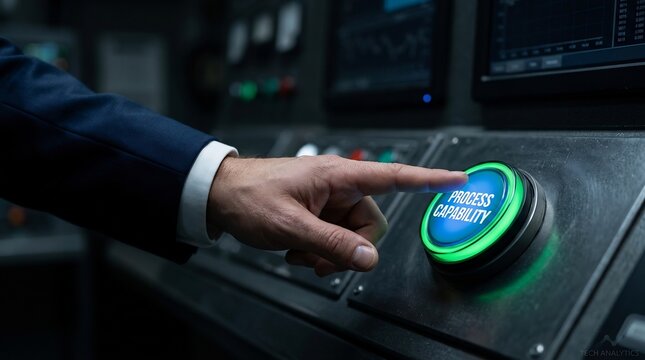 Businessman pressing green glowing button labeled process capability on control panel