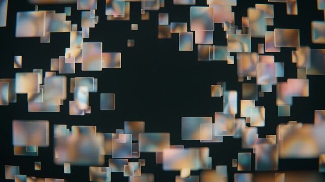 Abstract floating translucent rectangles on a dark background creating depth and motion. Futuristic technology background for presentations, interfaces and digital design projects.