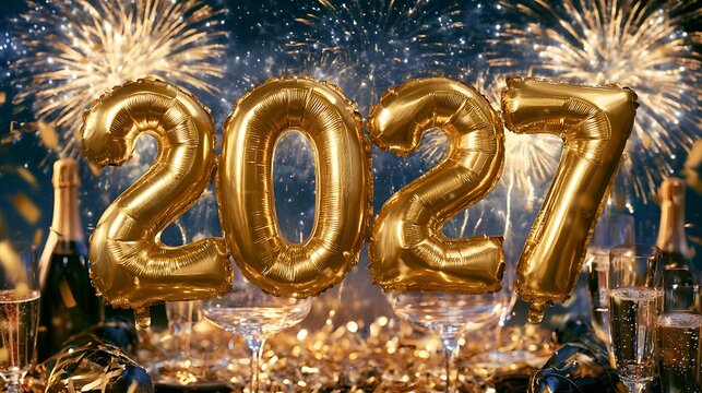The year 2027 written in large golden foil balloons floating above champagne glasses and bottles with exploding festive fireworks in the background.