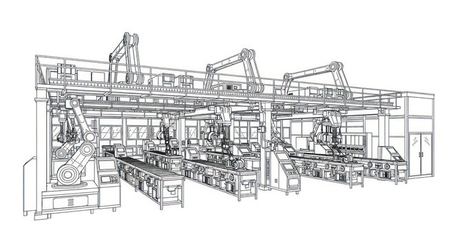 Detailed outline rendering of a modern automated factory production line featuring industrial