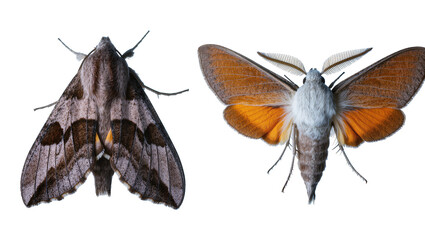 Two moths one grey-brown patterned one orange-winged, displayed side-by-side © Andrei
