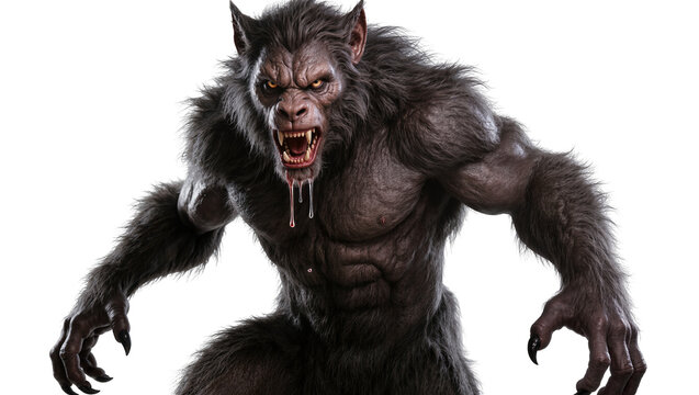 Fierce werewolf with bared teeth and dripping saliva, muscular body covered in dark fur