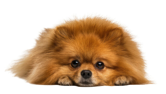 Fluffy Pomeranian dog lying down with head resting on paws