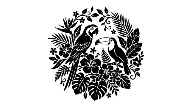 Tropical Macaw and Toucan Perched Inside a Circular Botanical Frame - Black Silhouette Vector Illustration with Hibiscus Flowers and Monstera Leaves