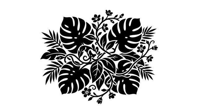 Tropical Monstera Leaves and Hibiscus Blossom Arrangement - Black Silhouette Vector Illustration of Exotic Botanical Foliage