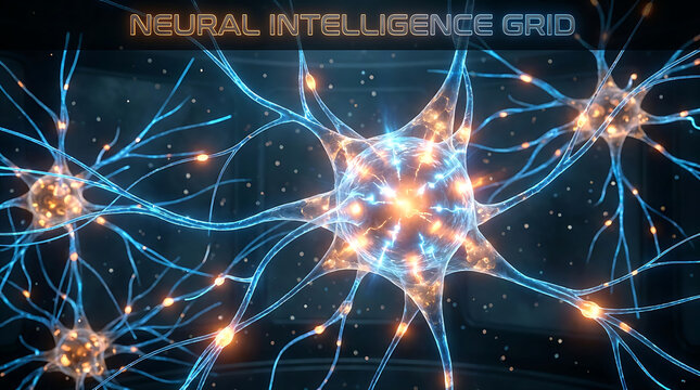 Neural network illustration with glowing connections and bright central neuron structure