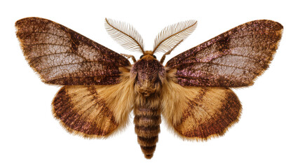 Brown fuzzy moth with patterned wings and feathery antennae © Andrei