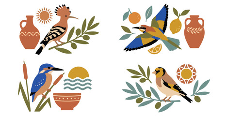Obraz premium Set of four artistic nature compositions with colorful birds and Mediterranean pottery elements.