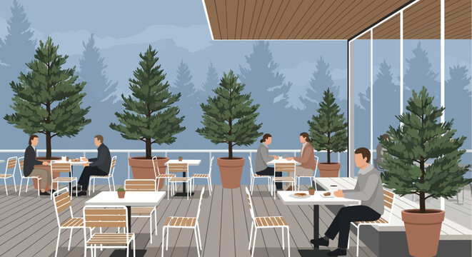 People dining on outdoor cafe terrace with forest backdrop