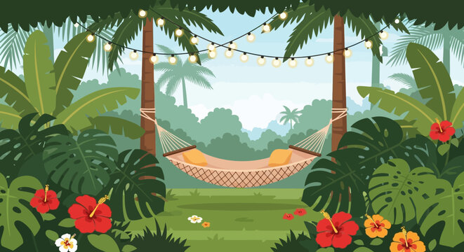Tropical paradise hammock strung between palm trees, string lights, lush greenery, flowers