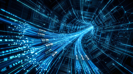 Fototapeta premium Data transfer through glowing blue fiber optic cables in high speed network with transfer technology communication