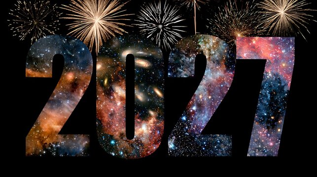 The year 2027 in large bold numbers filled with colorful deep space galaxy textures under exploding golden fireworks in a black night sky.