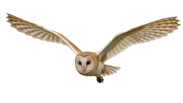 Barn owl with wings spread flying forward
