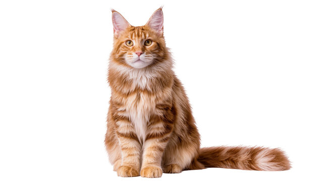 Orange tabby Maine Coon cat sitting attentively