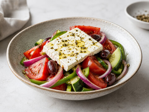 Ensalada fresca con tomate, pepino, cebolla, aceitunas y queso feta