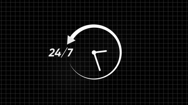 24/7 service support clock animation on digital grid background