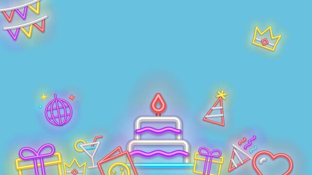Birthday cake neon sign glows against a bright blue background with festive party icons.