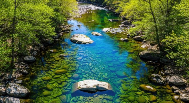 Crystal-clear river flowing through a lush green forest, surrounded by smooth rocks and vibrant vegetation, creating a peaceful natural landscape